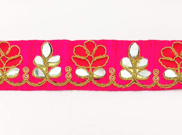 Fuchsia Pink Silk Trim With Mirrors Embellishments and Gold Embroidery, Approx. 38mm Wide, Decorative Trim Costume Trim Floral Trim By Yard